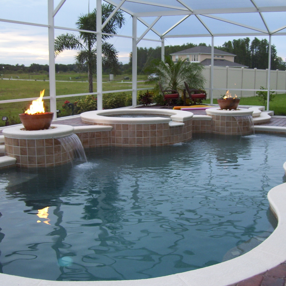 Fire pits and waterfall pool features