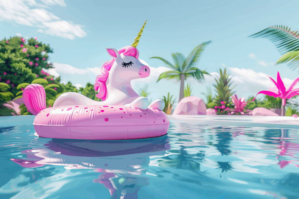 A pink and white inflatable unicorn float drifts on a clear blue pool, with tropical plants and palm trees in the background under a sunny sky.